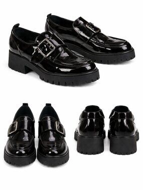 Marc Fisher Hazelton Loafers Black Patent Lug Sole Buckle Shoes Size 11M Preppy